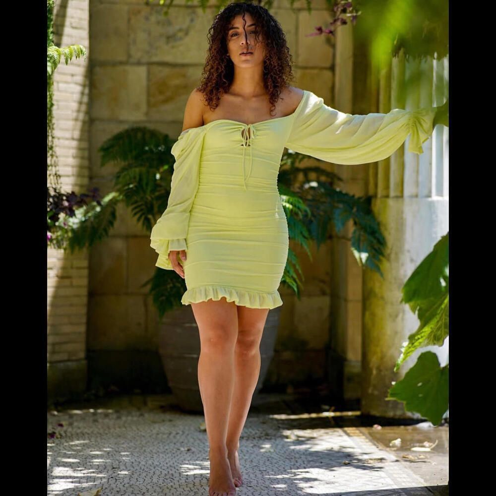 Oh Polly Women Lime Green Nylon Mesh Long Sleeve Ruched Bodycon Dress Sz 0 Xxs
